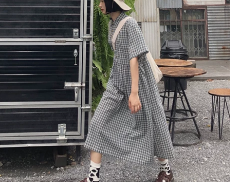 TREES自制  日系小清新格纹泡泡棉连衣...