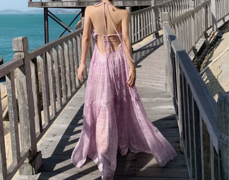超仙大露背连衣裙淡紫色性感大摆吊带长裙女三...