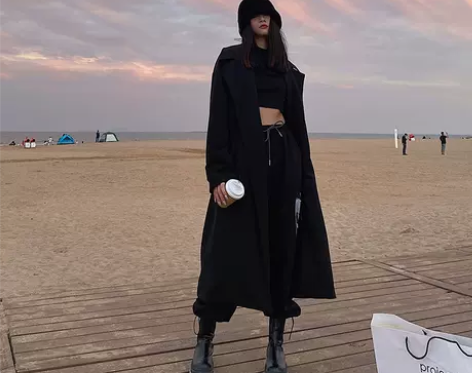 赫本风高级感中长款宽松呢子黑色高个子大衣女...