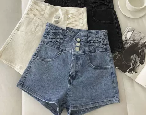 浅蓝色高腰牛仔短裤女2022新春夏季宽松阔...