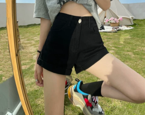 黑色卷边牛仔短裤女2022年夏季新款高腰宽...