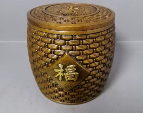 古玩铜器福茶叶罐老黄铜福罐文玩摆件收藏 工...