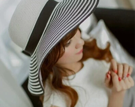 遮阳帽 赫本小香名媛黑白条纹女帽蝴蝶结旅游...