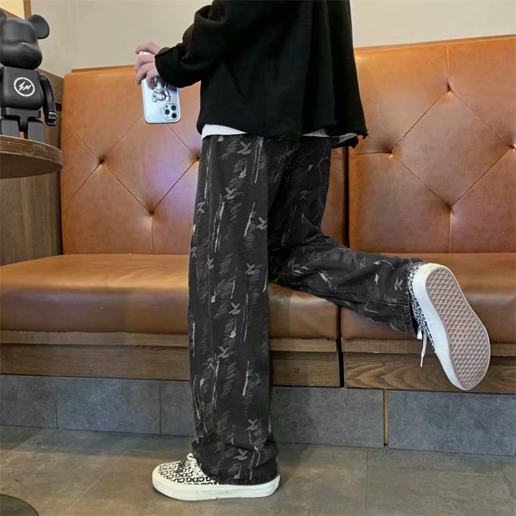 美式高街潮牌牛仔裤男女ins港风复古直筒宽...