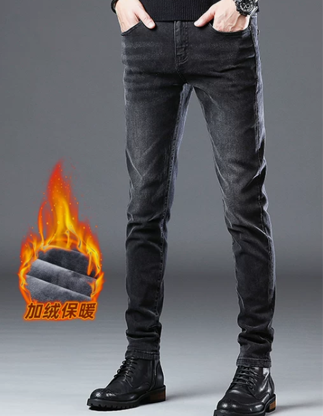 高端加绒加厚牛仔裤男修身小脚