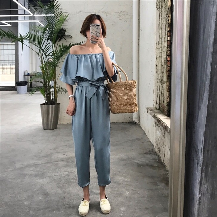 韩国订单夏新款气质阔腿九分连体裤女抹胸荷叶...