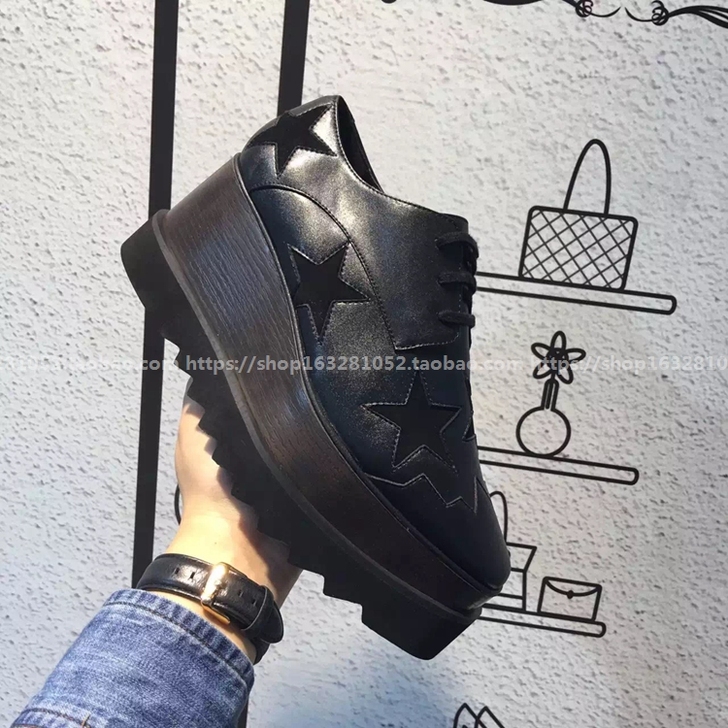 星星松糕鞋baby明星同款方头真皮厚底st...