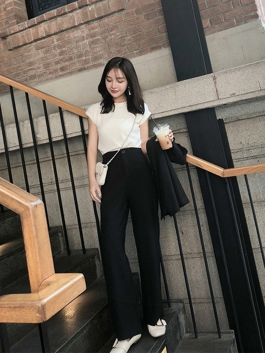 曾小咸 黑色西装裤女高腰垂感阔腿裤chic...