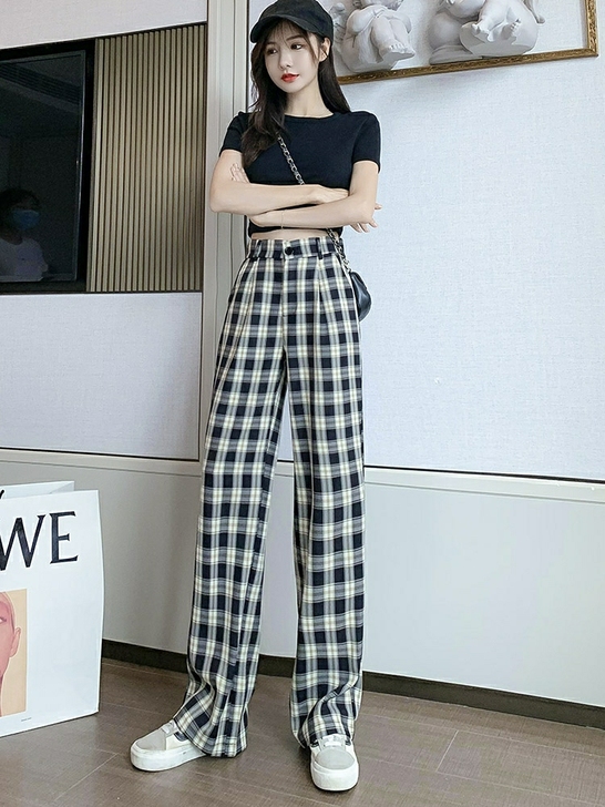 格子阔腿裤女秋冬季加绒加厚高腰直筒裤夏季垂...