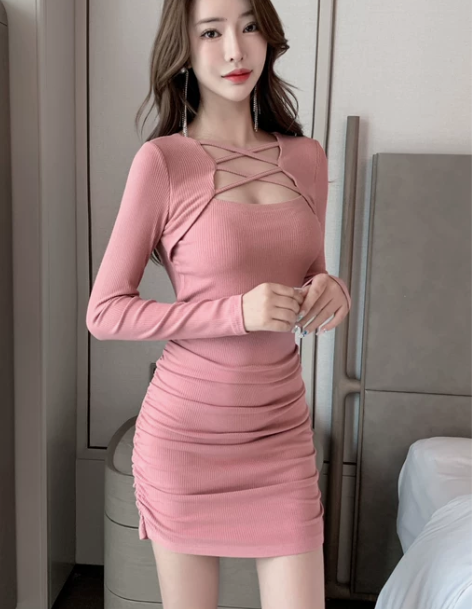 辣妹秋装低胸性感御姐包臀修身裙子夜店女装紧...