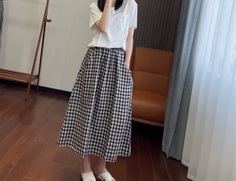 复古黑白格子半身裙女2022夏季松紧腰文艺...