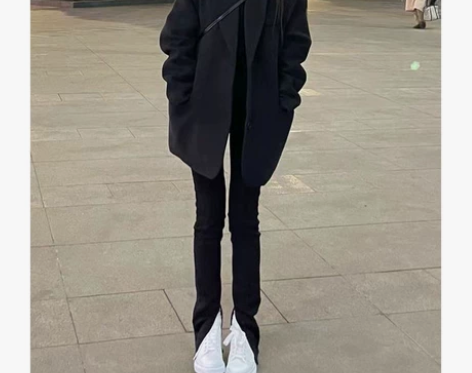 牛仔裤女开叉黑色加绒修身高腰显瘦加长侧开衩...