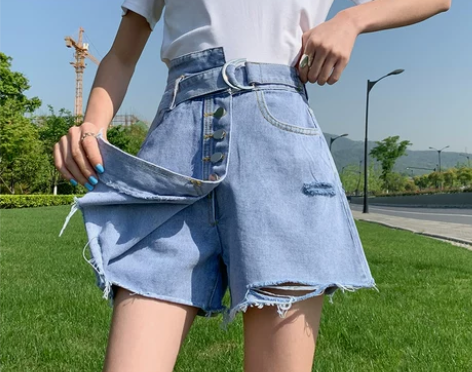 高腰破洞牛仔短裤女夏季2022年新款阔腿宽...