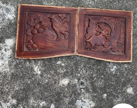 老木雕花板鸡兔雕刻大吉大利古玩浮雕花板茶馆...
