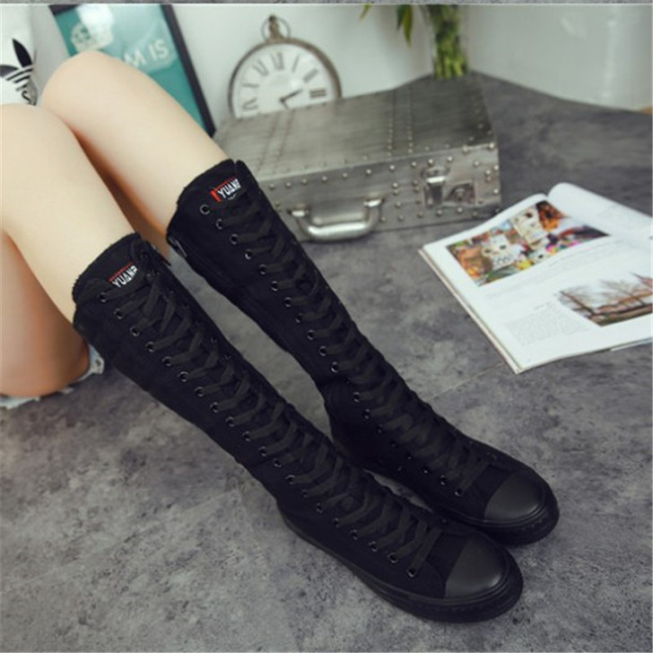 春秋长筒内增高帆布鞋侧拉链高帮女鞋韩版大码...