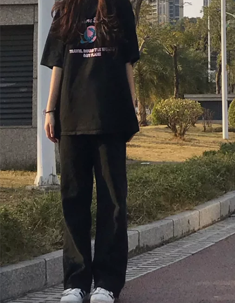 牛仔裤女 牛仔长裤黑色女宽松阔腿高腰垂感拖...