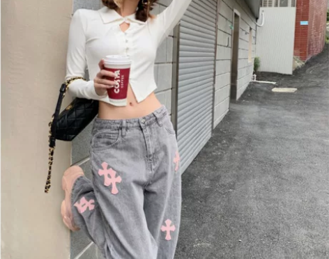 2022年早春新款欧美风宽松高腰十字架牛仔...