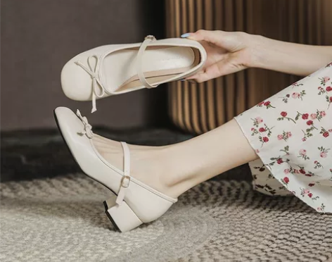 玛丽珍鞋女夏季复古百搭圆头方跟蝴蝶结白色时...