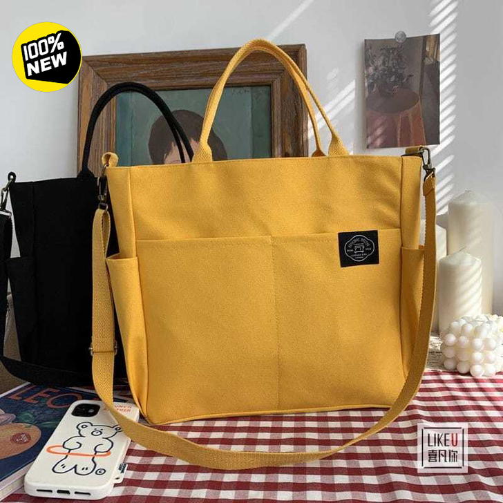 【30元包邮清】日系原创多口袋托特帆布包简...