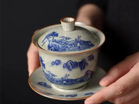 捡漏！捡漏！老陶泥青花开片山水盖碗瓷三才盖...