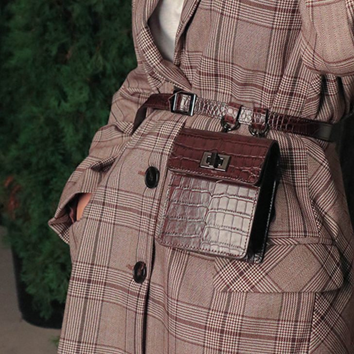 2019春夏新款腰包点缀旋扣式翻盖鳄鱼纹皮...