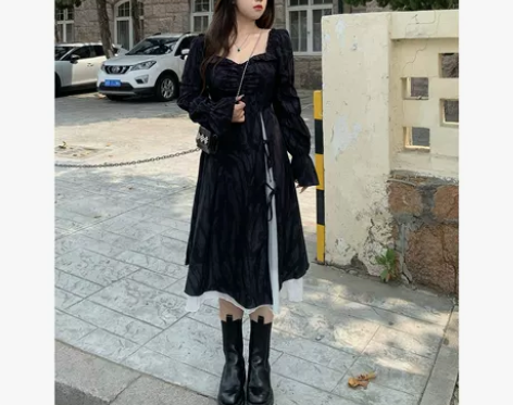 辣妹曦曦子微胖mm长袖方领开叉连衣裙女20...