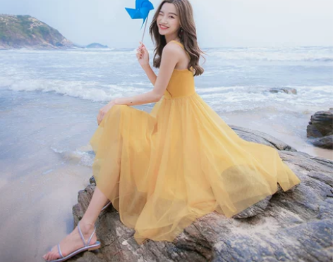 ?女装修身吊带网纱海边度假连衣裙 颜色分类...