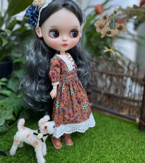 blythe小布娃衣复文艺风碎花连衣裙蕾丝...