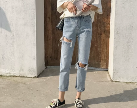 高腰破洞牛仔裤女九分老爹裤2019春韩版c...