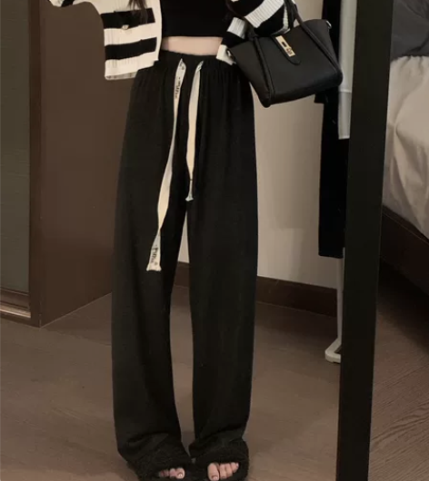 黑色休闲裤女装秋季垂感拖地长裤小个子抽绳高...