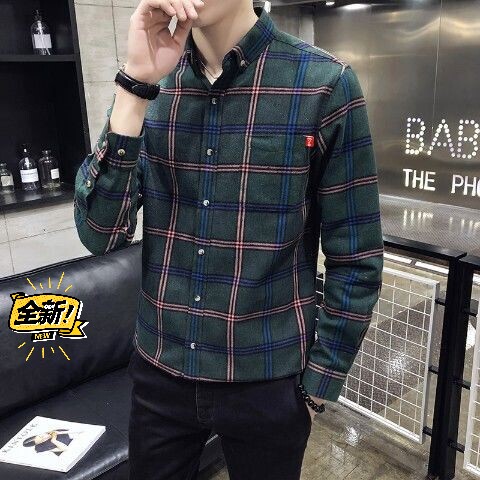 格子衬衫男长袖春秋季外套男韩版ins潮流帅...