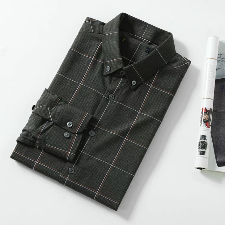 海折扣男士扣领格子衬衫男秋季新款时尚商务休...