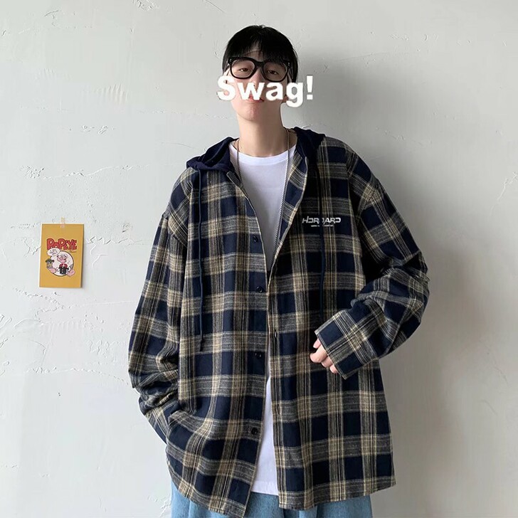 秋季格子连帽衬衫男女韩版潮流长袖衬衣情侣衬...