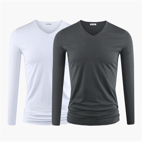 莫代尔纯棉长袖T恤男v领鸡心领纯色打底衫冰...