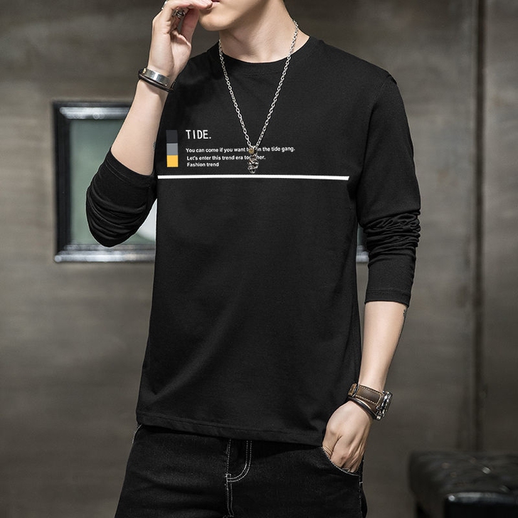 纯棉t恤男士大码宽松T恤百搭圆领印花长袖潮...