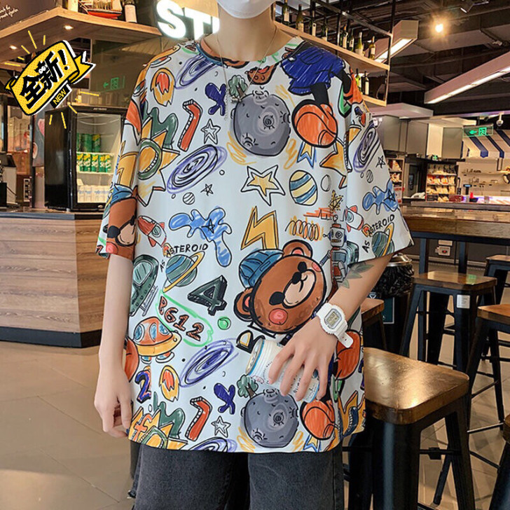涂鸦炸街短袖T恤男潮牌潮流夏季ins高街宽...