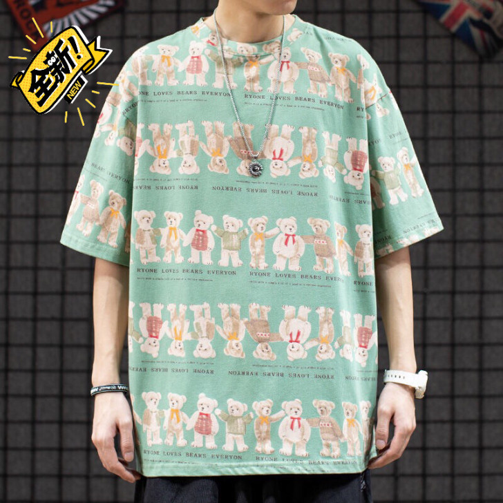 ins原宿风小熊满印短袖T恤男日系复古潮牌...