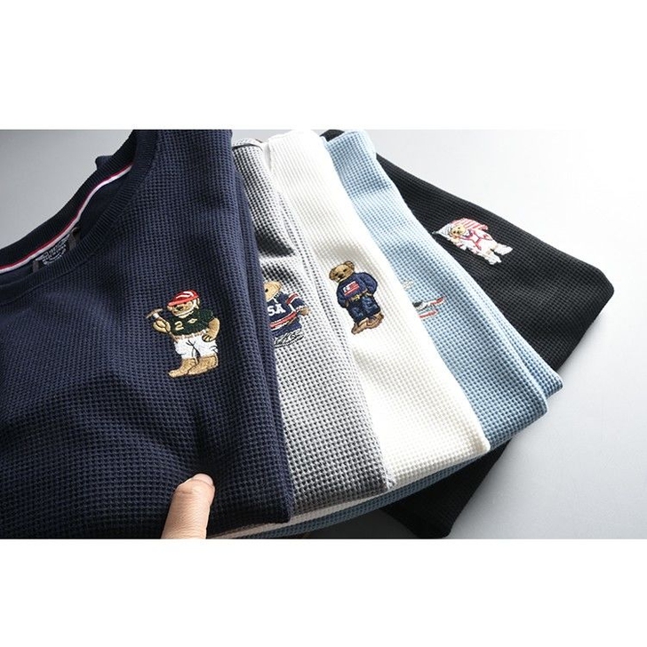 秋季新款卫衣华夫格面料刺绣小熊舒适休闲百搭...