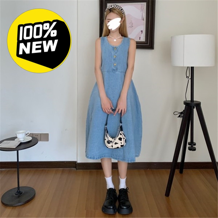 夏季新款吊带连衣裙日系复古减龄长裙宽松牛仔...