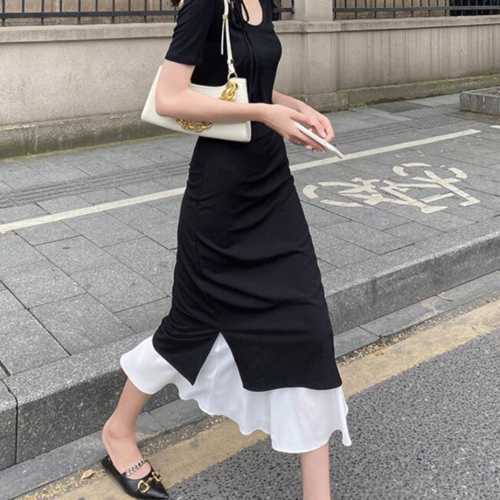 法式复古鱼尾拼接中长裙女黑色高腰A字包臀半...