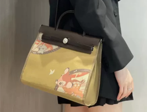 手绘涂鸦包真皮拼帆布凯莉包女士单肩斜挎女包...