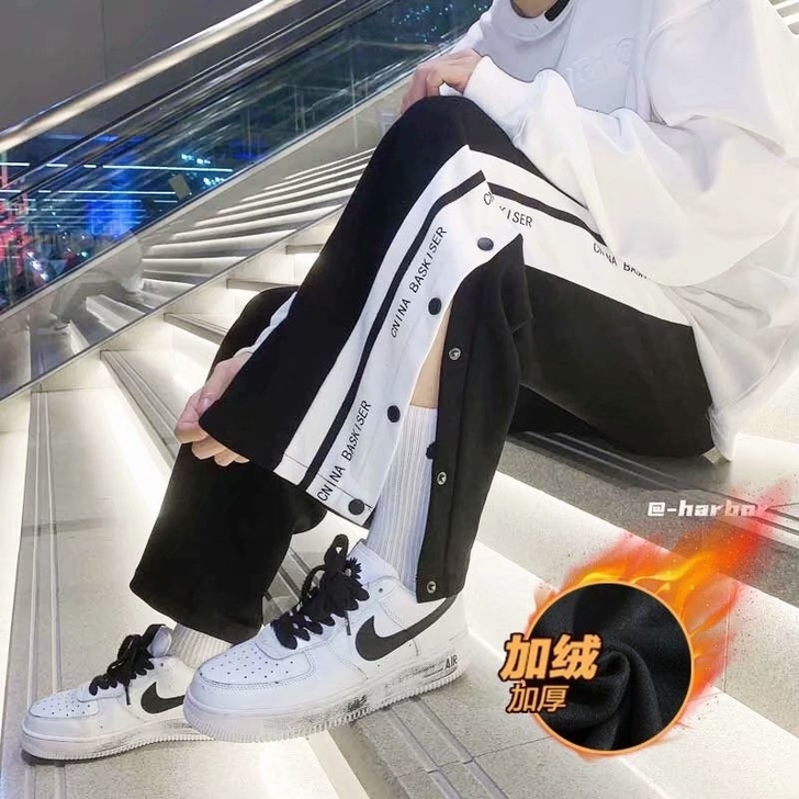加绒加厚直筒运动阔腿裤男秋韩版设计感小众嘻...