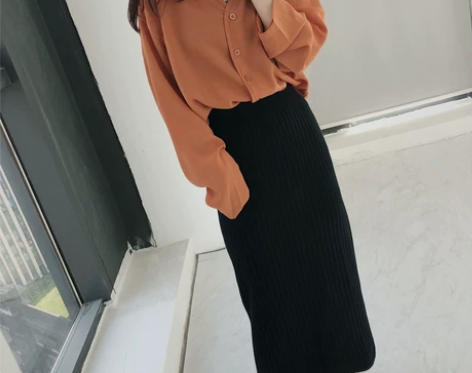 中长款纯色开叉螺纹针织半身裙高腰显瘦一步裙...