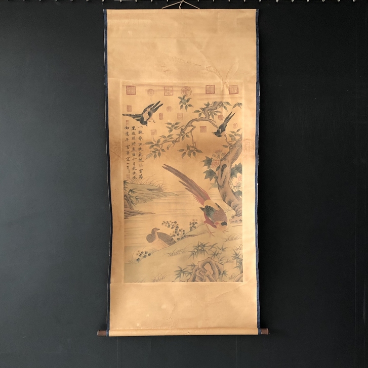 古玩字画收藏【赵佶】溪岸聚禽，宋代，三尺中...