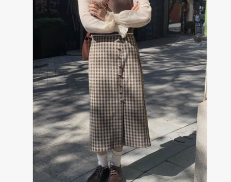 ?芝士兔自制 复古格子高腰显瘦半身裙A字呢...
