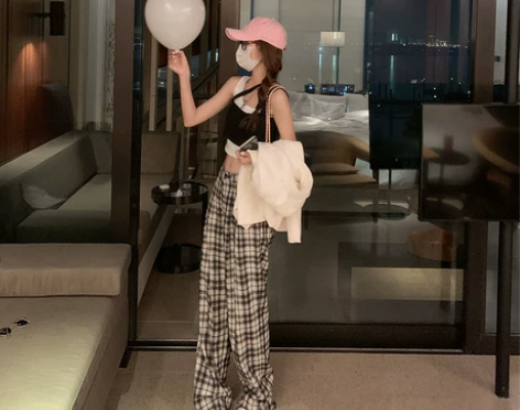 格子裤阔腿裤女ins潮高腰显瘦垂坠感宽松直...