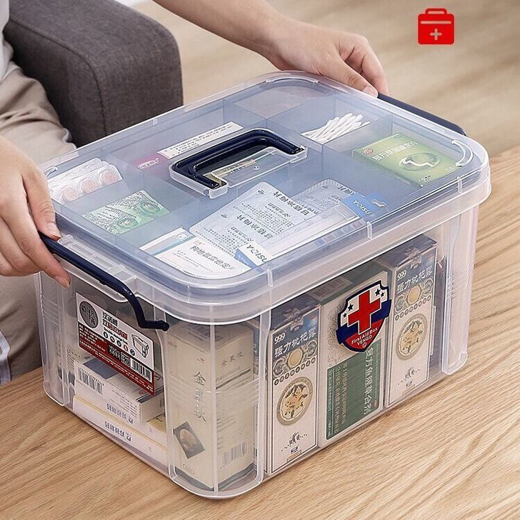 医药箱家用多功能急救医疗箱大收纳盒透明双层...