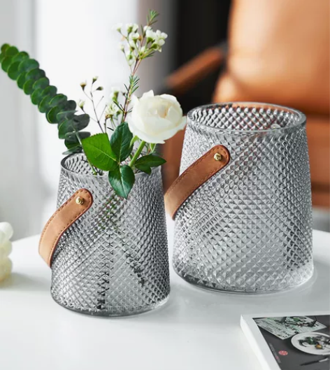 轻奢ins风玻璃花瓶透明摆件皮革手提花篮创...