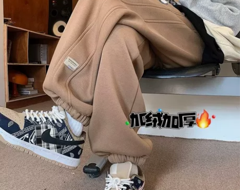 摇粒绒卫裤男冬季拼接束脚运动裤子重磅加绒加...