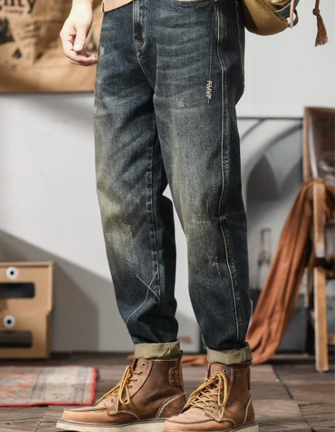 裤复古 宽松牛仔裤男秋冬季大码弹力小直筒哈...
